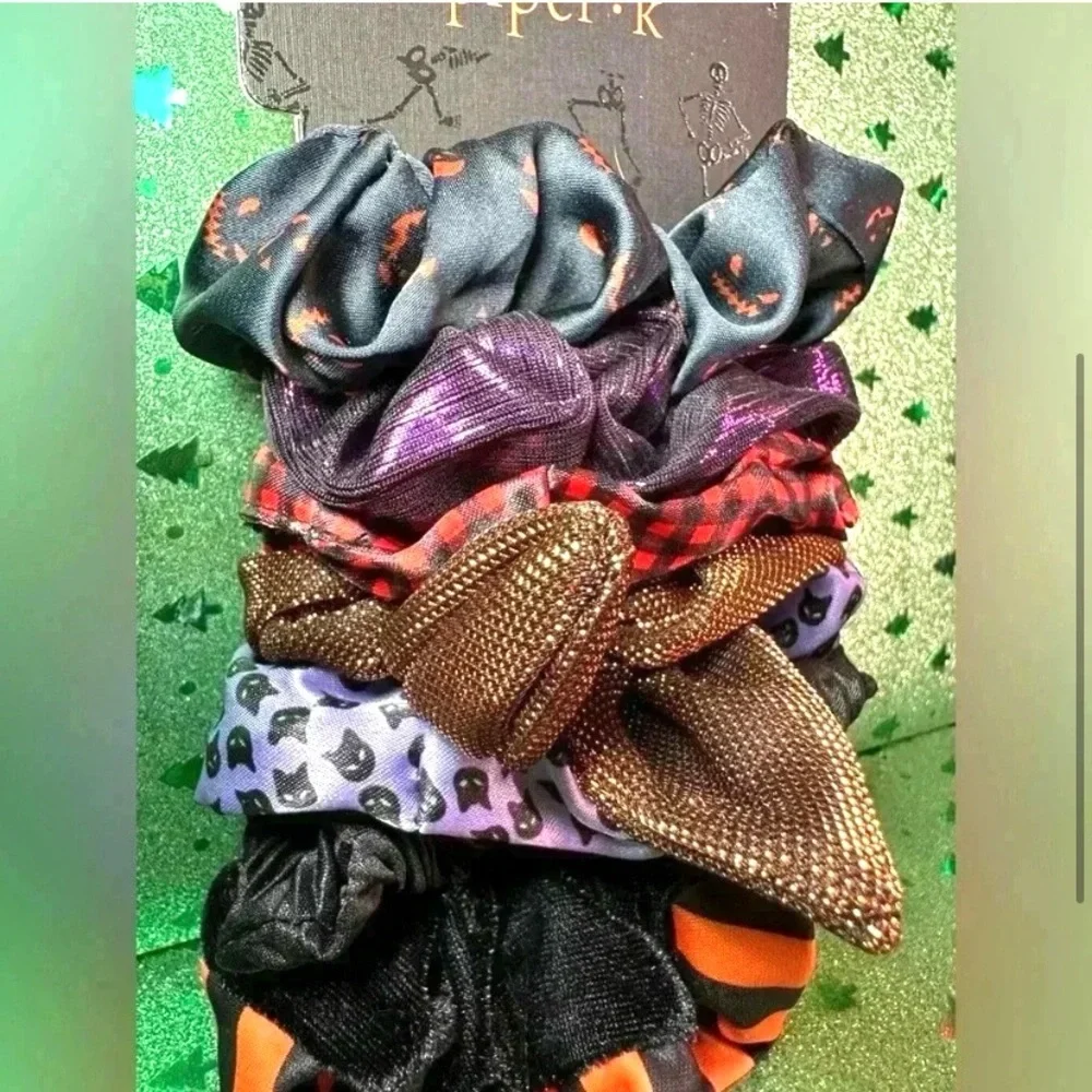 Piper K 7pc Hair Scrunchies Set Halloween fall themed black orange purple more